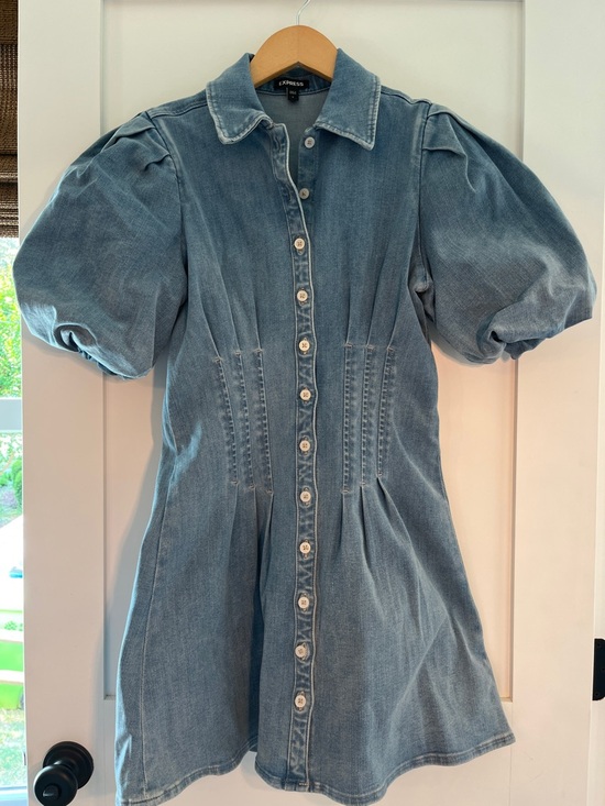 Express Dresses & Skirts - Express Puff-Sleeve Denim Mini Dress